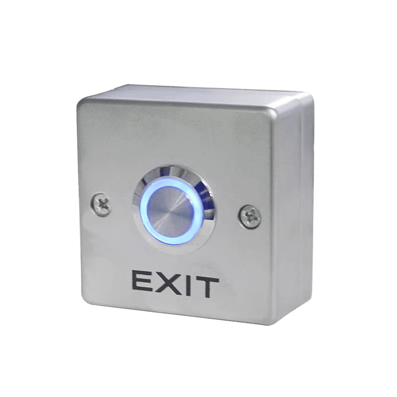 ปุ่ม Exit Button แบบ OEM สำหรับประตูระบบควบคุมการเข้าออก ที่แสดงโดยเน้นการติดตั้งสำหรับทางเข้าประตูในโครงการ Exit Buttons