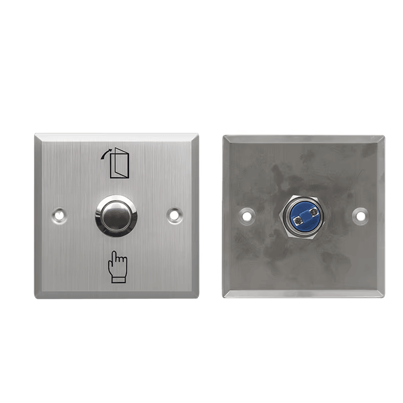 ภาพนี้เน้นปุ่ม Exit Button แบบ OEM สำหรับประตูระบบควบคุมการเข้าออก ดีไซน์ติดตั้งบนผนังสำหรับการใช้งาน Exit Buttons