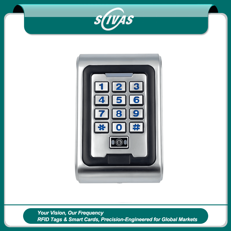 มุมมองด้านหน้าของเทอร์มินัล QR รุ่น Q30-CQ สำหรับแอป บัตรและรหัสผ่าน โดยแสดงสีดำ แป้นกดและปุ่มควบคุม ส่วนสแกนบาร์โค้ดและรหัส QR และรูปลักษณ์ที่เรียบหรูและทันสมัย เพื่อให้เห็นส่วนประกอบด้านหน้าอย่างชัดเจน เหมาะสำหรับการควบคุมการเข้าออก.