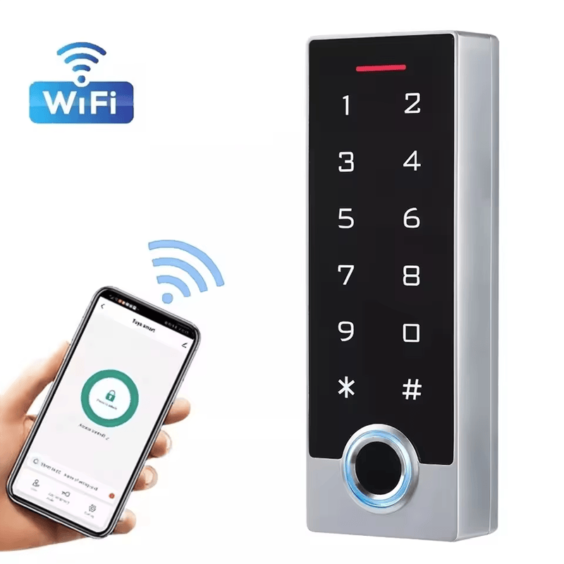ภาพนี้แสดงคอนโทรลเลอร์ลายนิ้วมือ RFID จอสัมผัส Tuya WiFi TF2 โดยแสดงระบบสแกนบาร์โค้ดและ QR และเซนเซอร์สำหรับสแกนและเก็บข้อมูล.
