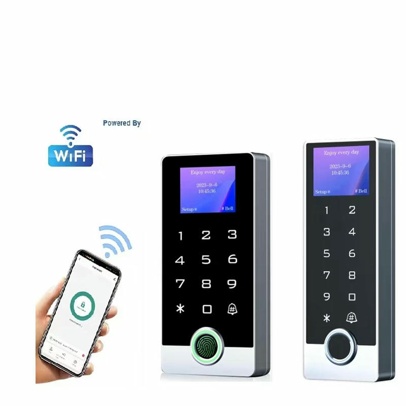 ภาพนี้แสดงเทอร์มินัลทางเข้า LCD RFID พร้อมแอป Tuya และจ่ายไฟล็อก TF3 WiFi โดยแสดงการเชื่อมต่อกับสมาร์ตโฟนและเครือข่ายไร้สาย เหมาะสำหรับการควบคุมการเข้าออก.