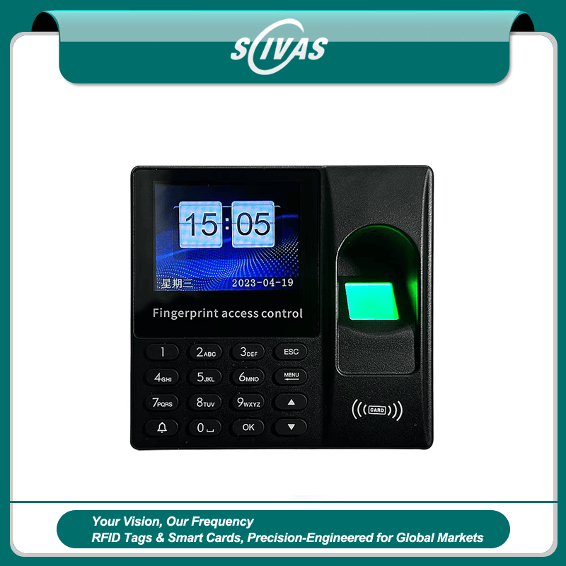 ภาพถ่ายผลิตภัณฑ์เทอร์มินัลลงเวลาลายนิ้วมือพร้อมแป้นกดและบัตร RFID แสดงการติดตั้งบริเวณทางเข้าประตูในหมวดเทอร์มินัลควบคุมประตูแบบไบโอเมตริก.