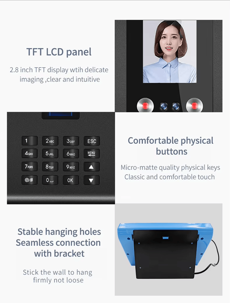 ภาพคอลลาจคุณสมบัติของเครื่องบันทึกเวลาทำงาน FV-FA01 เน้นแผง TFT LCD ปุ่มกดจริง และโครงสร้างตัวยึดรูแขวนที่มั่นคง