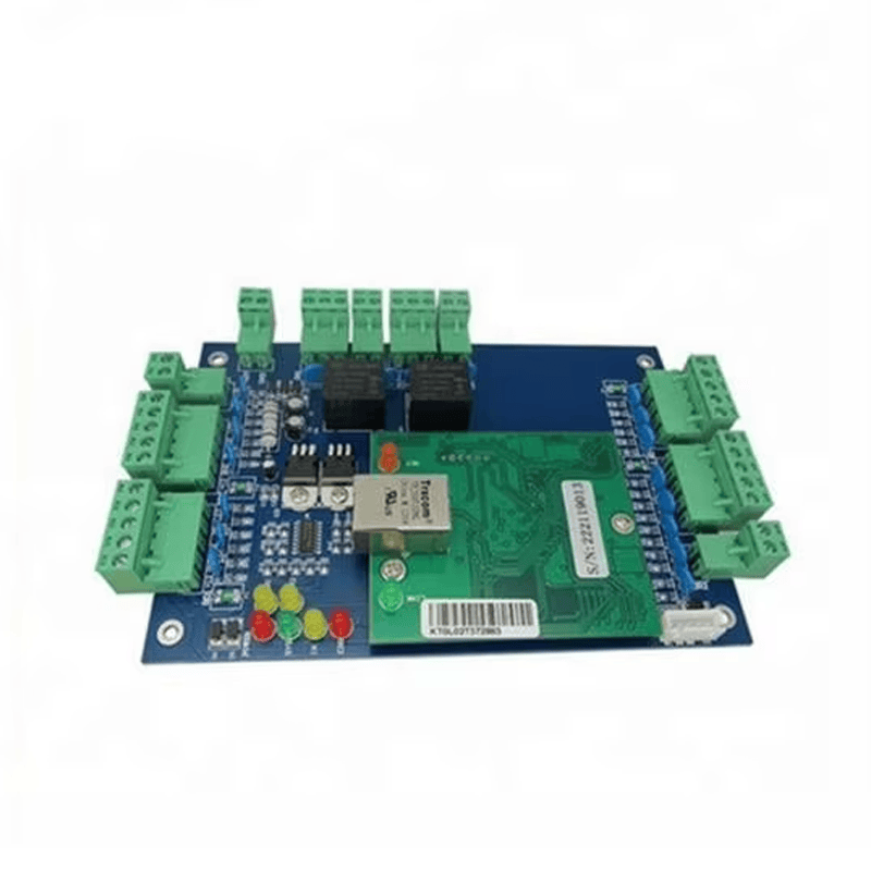 ภาพนี้แสดงคอนโทรลเลอร์ทางเข้า TCP/IP สำหรับหนึ่ง สอง หรือสี่ประตู AC01 LED AC โดยแสดงโมดูลรีเลย์ ไฟแสดงสถานะ LED และโมดูลและพอร์ตเครือข่าย.