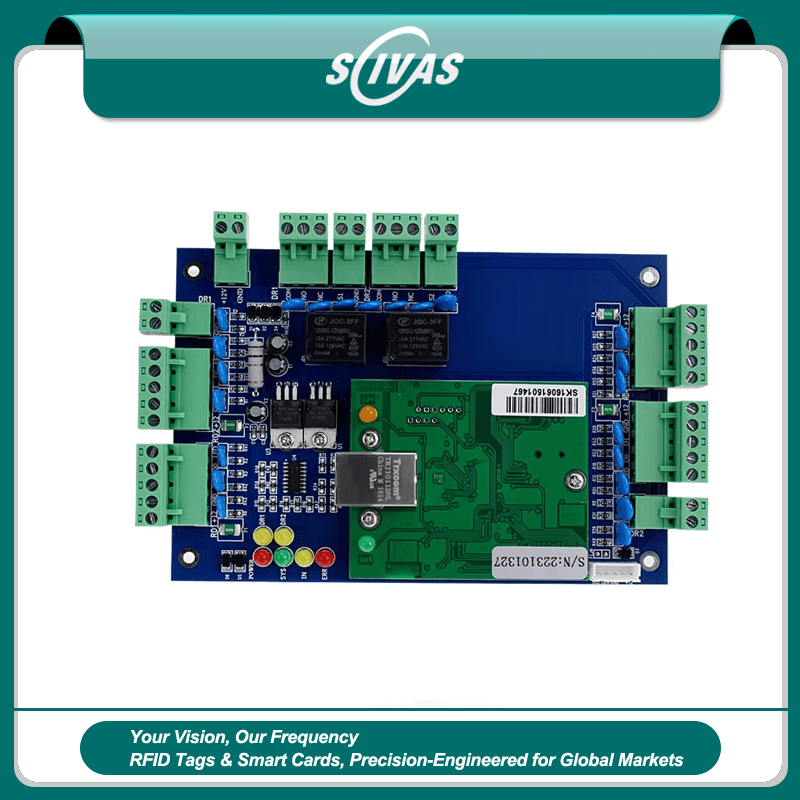 ภาพนี้แสดงคอนโทรลเลอร์ทางเข้า TCP/IP สำหรับหนึ่ง สอง หรือสี่ประตู AC01 AC โดยแสดงสีเขียว แผงขั้วต่อสายไฟ โมดูลรีเลย์ ไฟแสดงสถานะ LED และอินเทอร์เฟซสื่อสารสำหรับเชื่อมต่อระบบ เพื่อให้เห็นส่วนประกอบด้านหน้าอย่างชัดเจน.