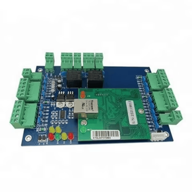 ภาพนี้แสดงคอนโทรลเลอร์เครือข่ายสำหรับระบบทางเข้าสองประตู AC02 LED AC Ethernet โดยแสดงแผงขั้วต่อสายไฟ ไฟแสดงสถานะ LED และโมดูลและพอร์ตเครือข่าย.