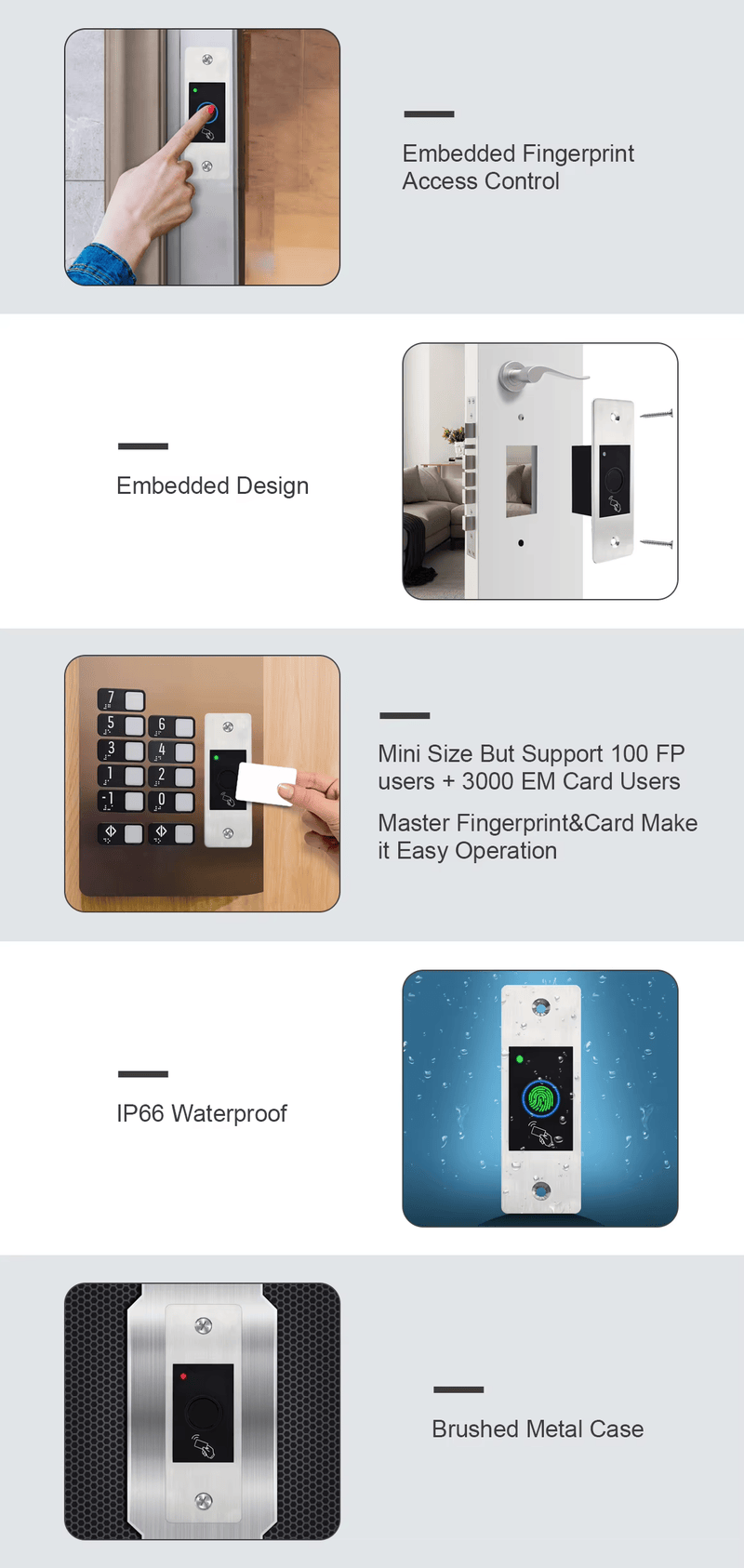 เครื่องสแกนลายนิ้วมือและ RFID มาตรฐาน IP66 สำหรับประตูภายนอก แสดงรายละเอียดชิปสำหรับโครงการเครื่องควบคุมการเข้าออกด้วยชีวมิติ