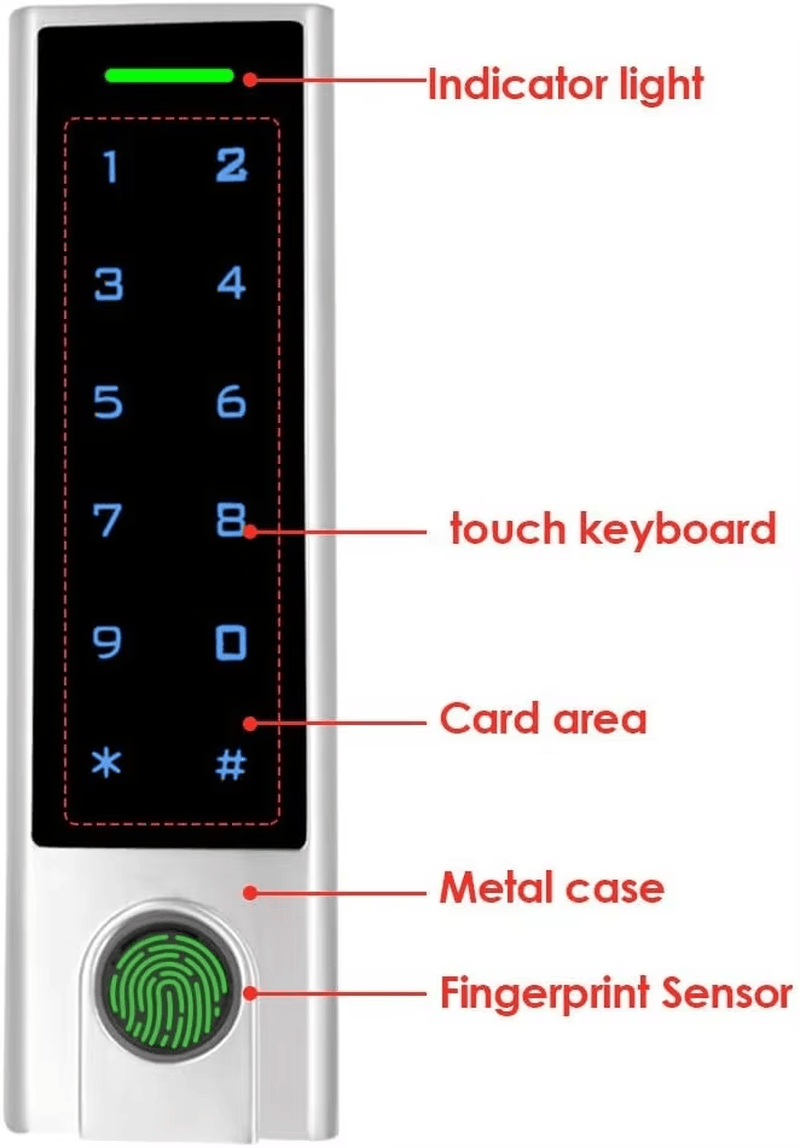ภาพนี้แสดงจุดเด่นของเครื่องอ่านลายนิ้วมือ RFID แบบ IP66 พร้อมการปลดล็อกผ่าน Bluetooth ของระบบรักษาความปลอดภัย สำหรับการใช้งานเครื่องควบคุมการเข้าออกด้วยไบโอเมตริก