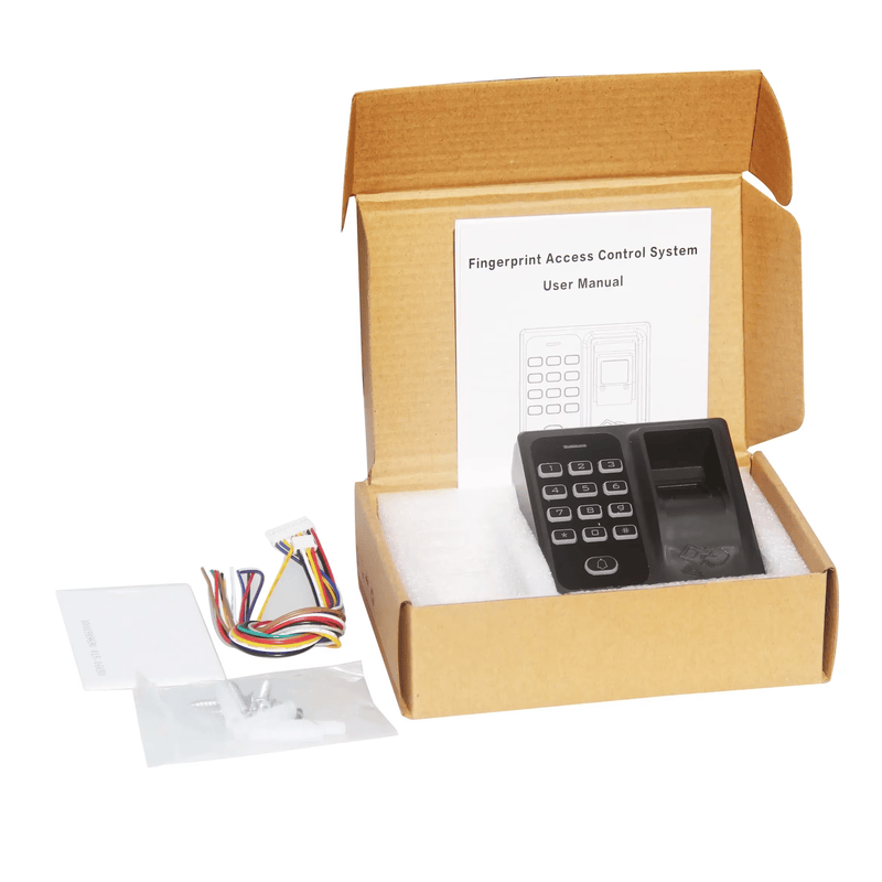 ภาพถ่ายผลิตภัณฑ์คอนโทรลเลอร์ RFID สแกนลายนิ้วมือแบบสแตนด์อโลนพร้อมเอาต์พุต Wiegand แสดงโลโก้ที่พิมพ์ในหมวดหมู่เครื่องปลดล็อกประตูด้วยการสแกนชีวมิติ