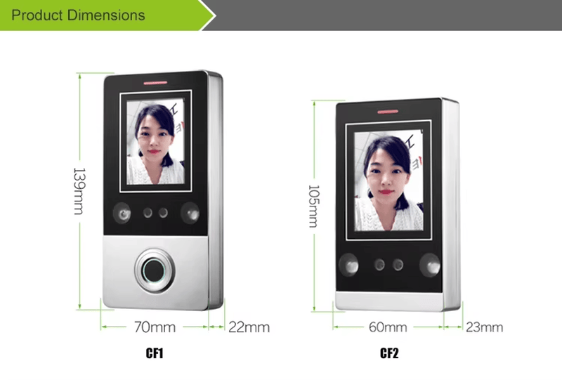 กราฟิกขนาดของเครื่องสแกนใบหน้าแบบไบโอเมตริก CF1 เปรียบเทียบขนาดด้านหน้าและด้านข้างของ CF1 และ CF2 ในหน่วยมิลลิเมตร