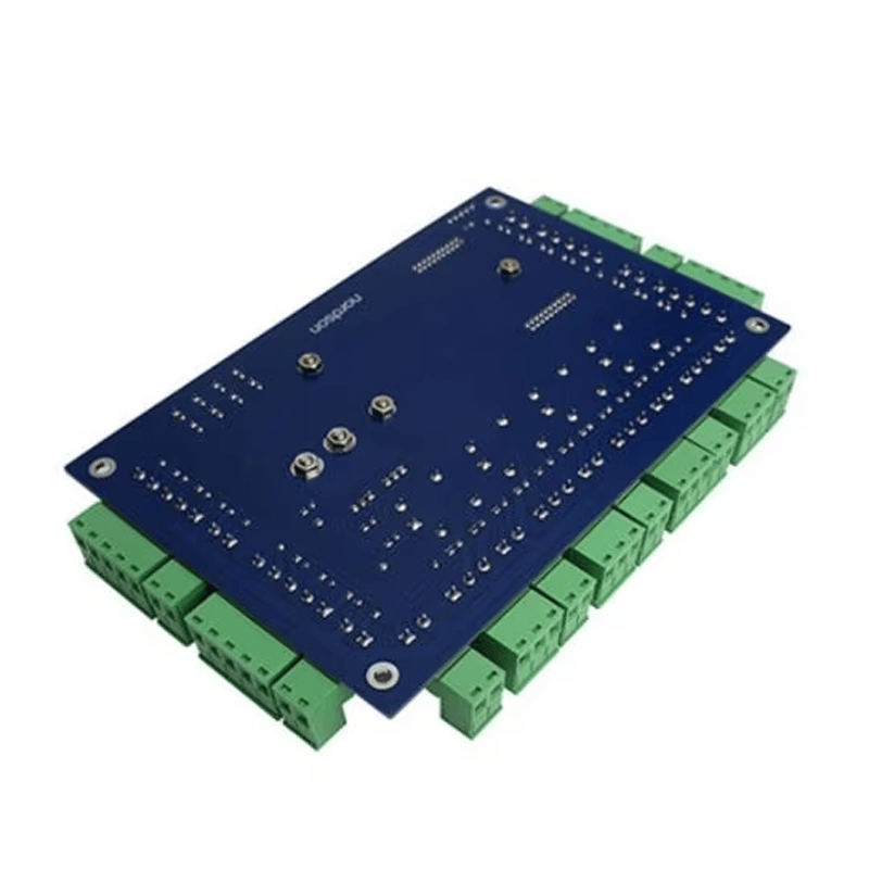 ภาพนี้แสดงคอนโทรลเลอร์เครือข่ายสำหรับรักษาความปลอดภัยประตู WG01 TCP IP WG โดยแสดงสีน้ำเงิน สีเขียว แผงขั้วต่อสายไฟ และอินเทอร์เฟซสื่อสารสำหรับเชื่อมต่อระบบ.