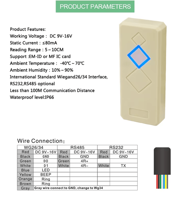 เครื่องอ่านบัตร ระยะใกล้ RFID มาตรฐาน IP66 สำหรับควบคุมการเข้าถึง แสดงจากมุมมองตัวเครื่องกันน้ำที่ชัดเจน สำหรับการใช้งานเครื่องอ่าน RFID สำหรับควบคุมการเข้าถึง