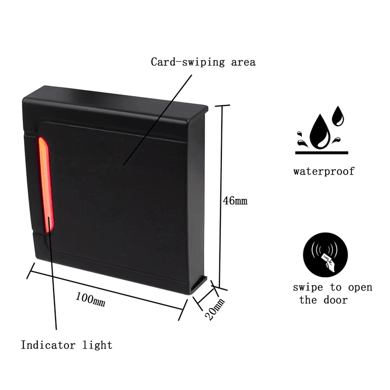 ภาพนี้เน้นเครื่องอ่าน RFID แบบติดผนังสำหรับระบบควบคุมประตู ในส่วนของขั้วต่อสายไฟ สำหรับการใช้งานเครื่องอ่าน RFID