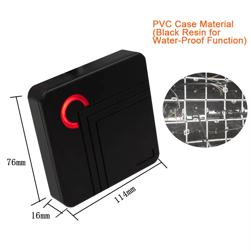 เครื่องอ่าน Wiegand กันน้ำสำหรับประตูกลางแจ้ง RFID แสดงรายละเอียดชิปสำหรับผู้ซื้อที่กำลังเปรียบเทียบโซลูชันเครื่องอ่านเข้าออก RFID.