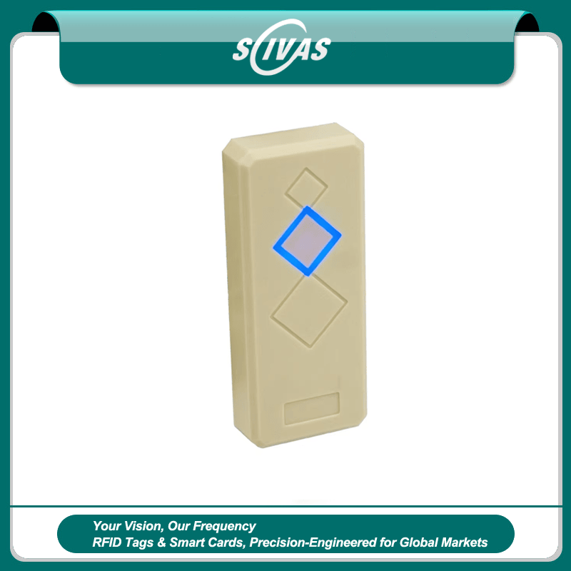 เครื่องอ่านเข้าใช้ RFID EM 125KHz พร้อม Wiegand แสดงการออกแบบขนาดพกในกระเป๋าสตางค์อย่างชัดเจนสำหรับการใช้งานด้านเครื่องอ่านเข้าออก RFID.