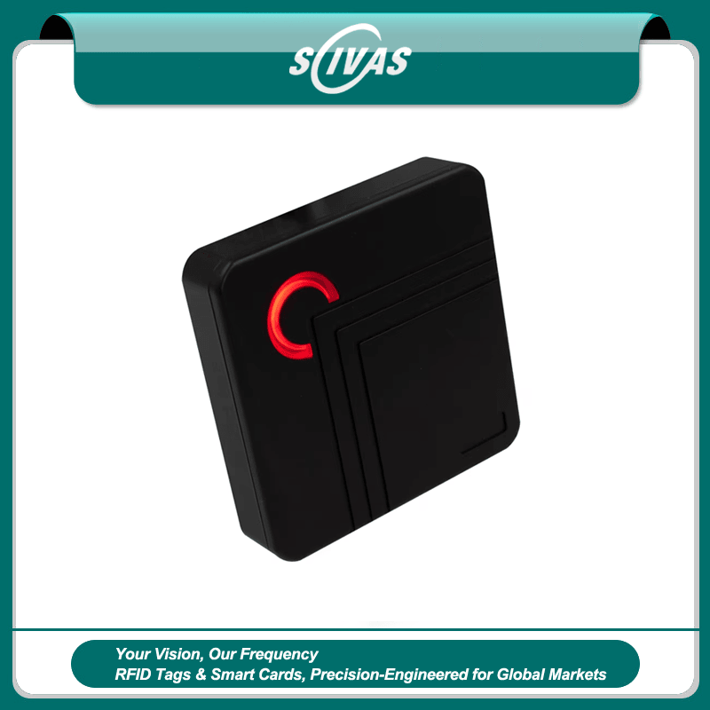 ภาพนี้เน้นตัวเรือนกันน้ำของเครื่องอ่านเข้าใช้ RFID Wiegand สำหรับประตูปลอดภัยสำหรับการใช้งานด้านเครื่องอ่านเข้าออก RFID.
