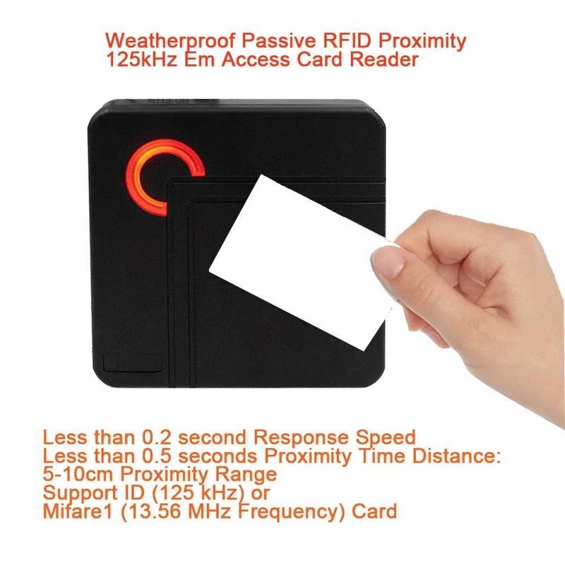 ภาพนี้เน้นเครื่องอ่าน RFID แบบ ระยะใกล้ พร้อมคีย์แพดสำหรับควบคุมการเข้าออก ซึ่งมีตัวเครื่องกันน้ำสำหรับการใช้งานเครื่องอ่านแบบคีย์แพด