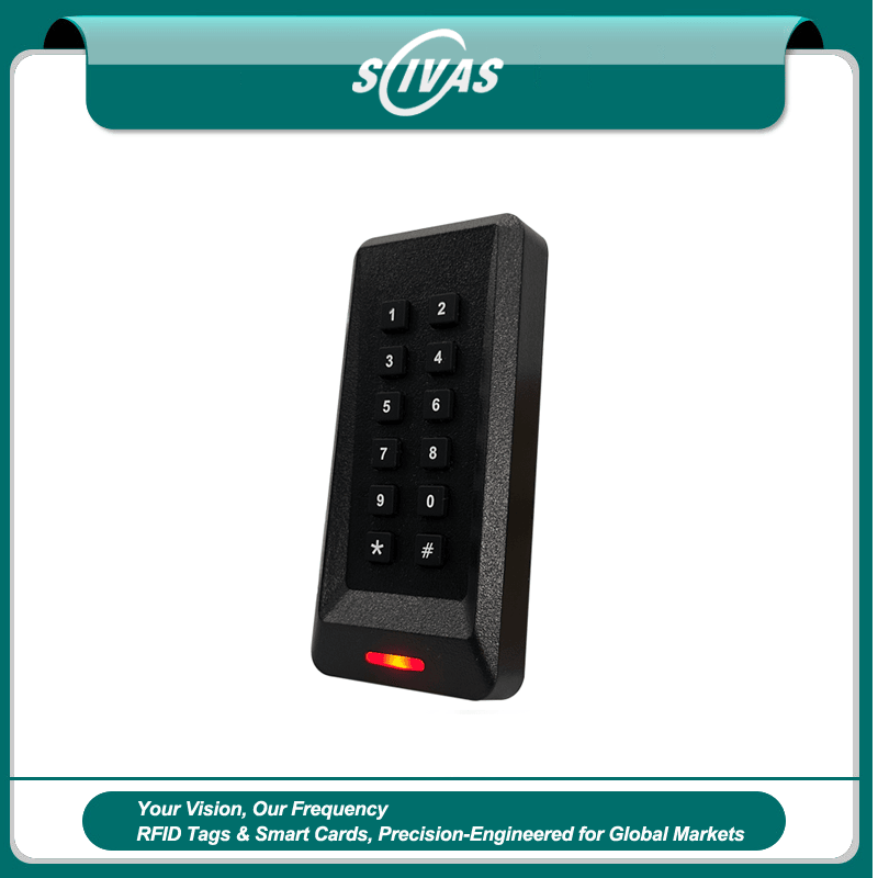 เครื่องอ่าน RFID กันน้ำ IP65 พร้อมแป้นกดกลางแจ้ง แสดงแผงปุ่มกดด้านหน้าอย่างชัดเจนสำหรับการใช้งานด้านเครื่องอ่านเข้าออกแบบแป้นกด.