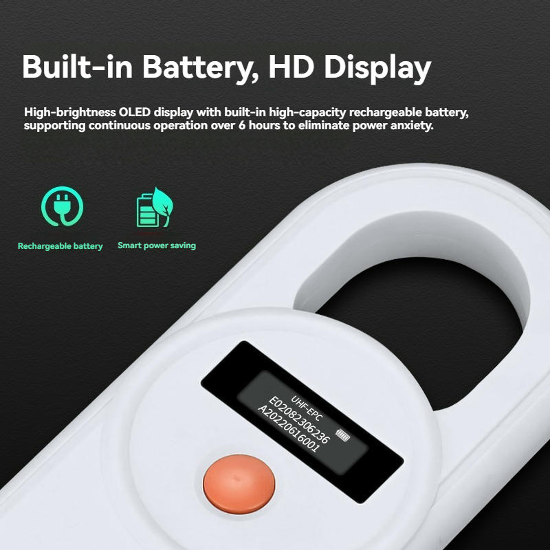 มุมมองด้านข้างของเครื่องอ่าน UHF RFID มือถือ OEM สำหรับเก็บข้อมูลสต็อก r66h 145 65mm ABS โดยแสดงตัวเรือน ABS ตัวเรือนพลาสติก ABS ที่ทนทาน และโครงสร้างที่แข็งแรงทนทาน.