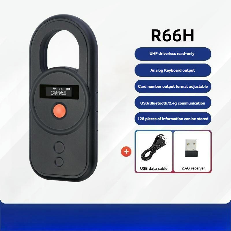 มุมมองด้านหน้าของเครื่องอ่าน UHF RFID มือถือ OEM สำหรับเก็บข้อมูลสต็อก r66h OLED โดยแสดงหน้าจอแสดงผล เพื่อให้เห็นส่วนประกอบด้านหน้าอย่างชัดเจน.