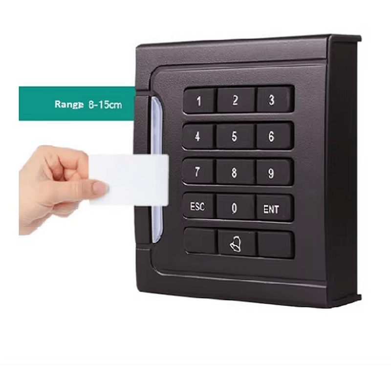 มุมมองด้านหน้าของโรงงานเครื่องอ่านคีย์แพด RFID สำหรับความปลอดภัยประตู 302-2634 โดยแสดงโครงสร้างเสาอากาศ และโครงสร้างที่แข็งแรงทนทาน.