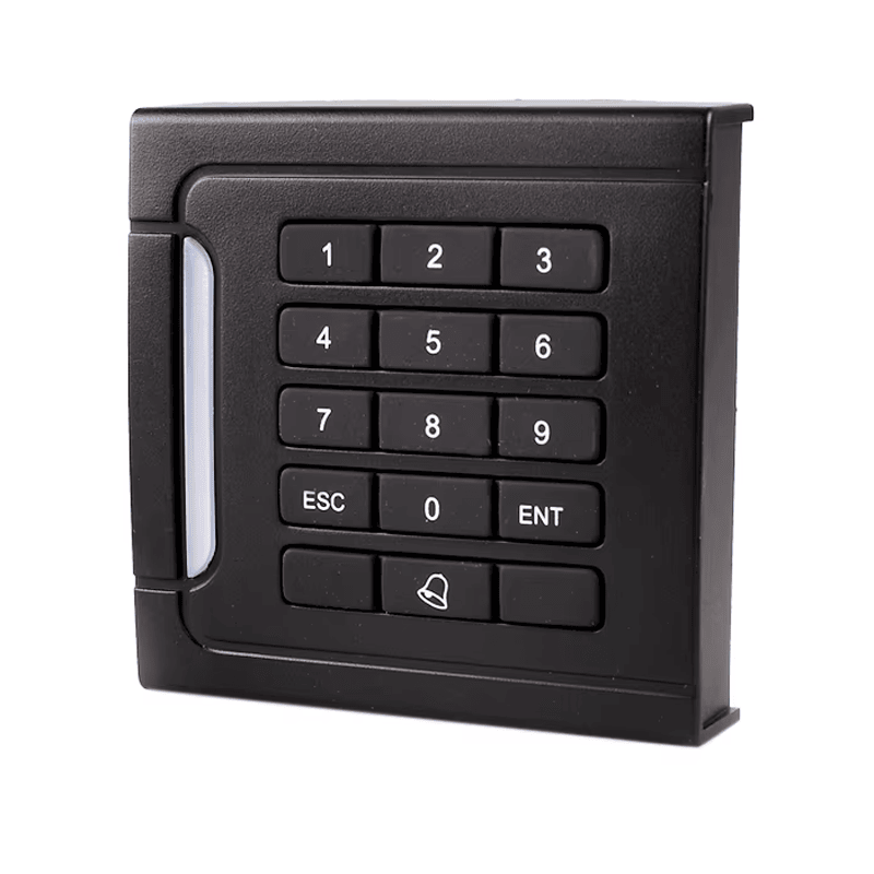 มุมมองด้านข้างของโรงงานเครื่องอ่านคีย์แพด RFID สำหรับความปลอดภัยประตู 302-2634 21mm โดยแสดงขนาดและสัดส่วนของผลิตภัณฑ์.