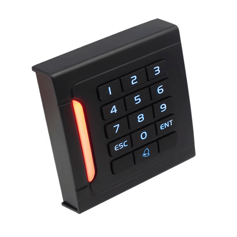 ภาพนี้แสดงโรงงานเครื่องอ่านคีย์แพด RFID สำหรับความปลอดภัยประตู 302-2634 Wiegand 86mm โดยแสดงอินเทอร์เฟซสื่อสารสำหรับเชื่อมต่อระบบ และตำแหน่งติดตั้งและการใช้งานจริง เหมาะสำหรับการควบคุมการเข้าออก.