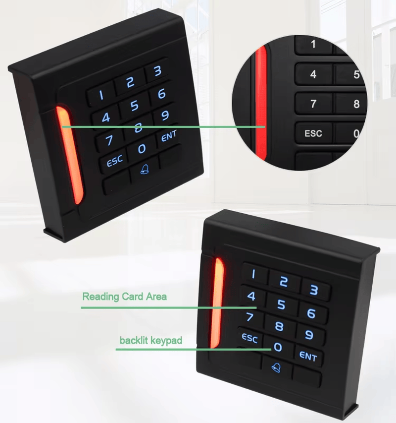 เครื่องอ่านควบคุมการเข้าออกรุ่น 302-M2634 แสดงไฟ LED สองสีที่จะเปลี่ยนเป็นสีเขียวเมื่อยืนยันบัตรและรหัสผ่านสำเร็จ