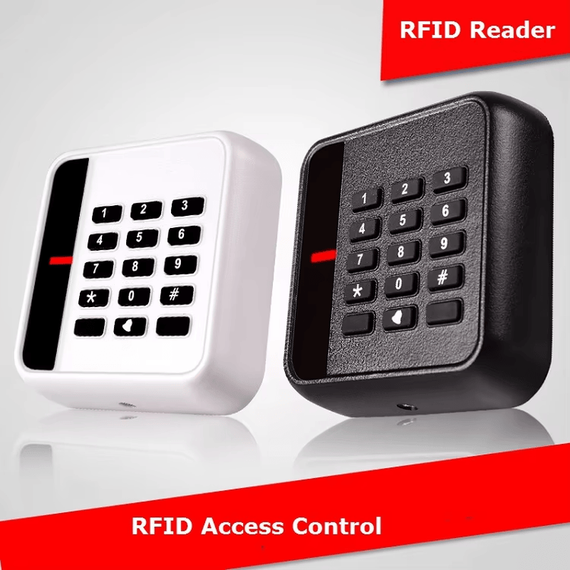 ภาพสินค้าของเครื่องอ่านบัตร RFID สำหรับควบคุมการเข้า-ออกประตู 125KHz สำหรับทางเข้าประตู แสดงการติดตั้งที่ทางเข้าประตูในหมวดหมู่เครื่องอ่านบัตรแบบคีย์แพด
