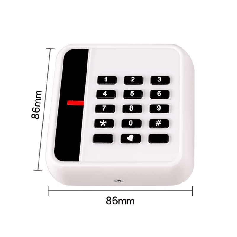 ภาพนี้เน้นโลโก้ที่พิมพ์ของเครื่องอ่าน RFID 125KHz สำหรับทางเข้าประตูสำหรับการใช้งานด้านเครื่องอ่านเข้าออกแบบแป้นกด.
