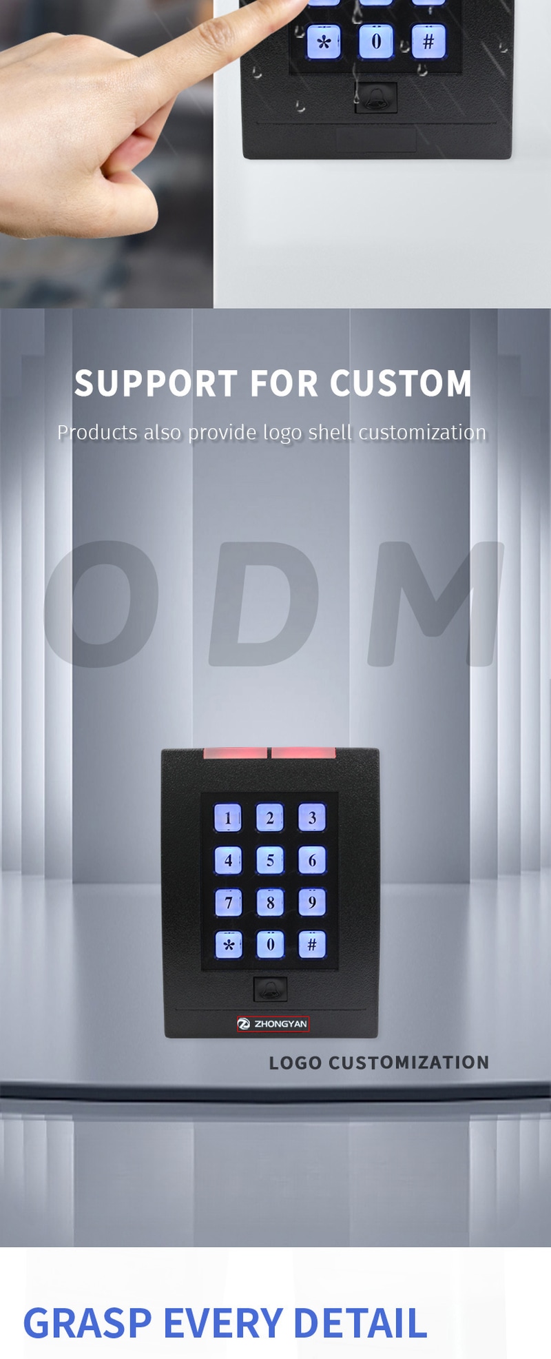 เครื่องอ่าน ZY-KR204 รองรับโหมดปลดล็อกที่แตกต่างกันสามแบบ รวมถึงการแตะบัตร RFID และการป้อนรหัส PIN ที่ปลอดภัยเพื่อความปลอดภัยที่สูงขึ้น