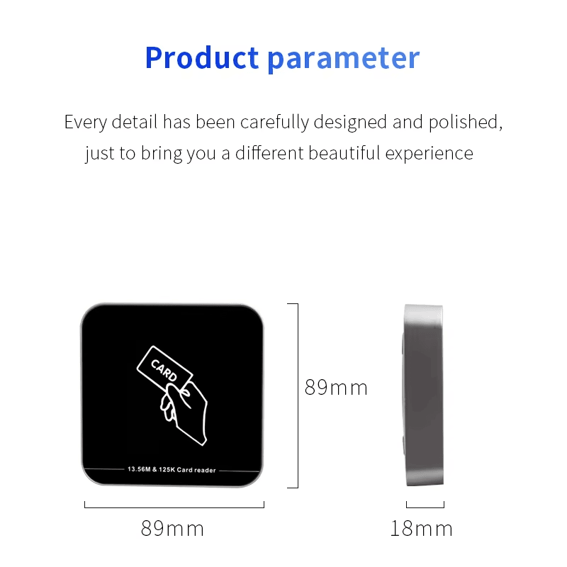 มุมมองด้านข้างของเครื่องอ่าน RFID สองความถี่ USB สำหรับบัตร ID/IC/NFC ZY-T304 โดยแสดงฉากสาธิตการใช้งานจริง และขนาดกะทัดรัดประหยัดพื้นที่.