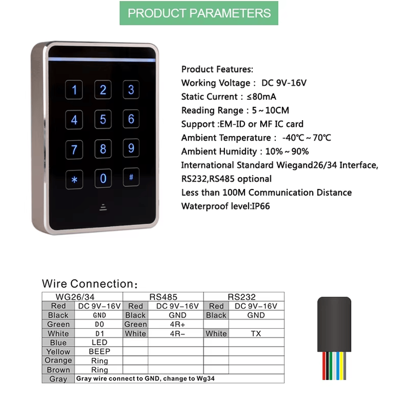 ภาพนี้แสดงเครื่องอ่านคีย์แพดโลหะสำหรับประตูภายในและกลางแจ้ง J20C-MF RFID โดยแสดงคุณสมบัติด้านความปลอดภัยและป้องกันการแกะย้าย เหมาะสำหรับงานอุตสาหกรรมและสายการผลิต.