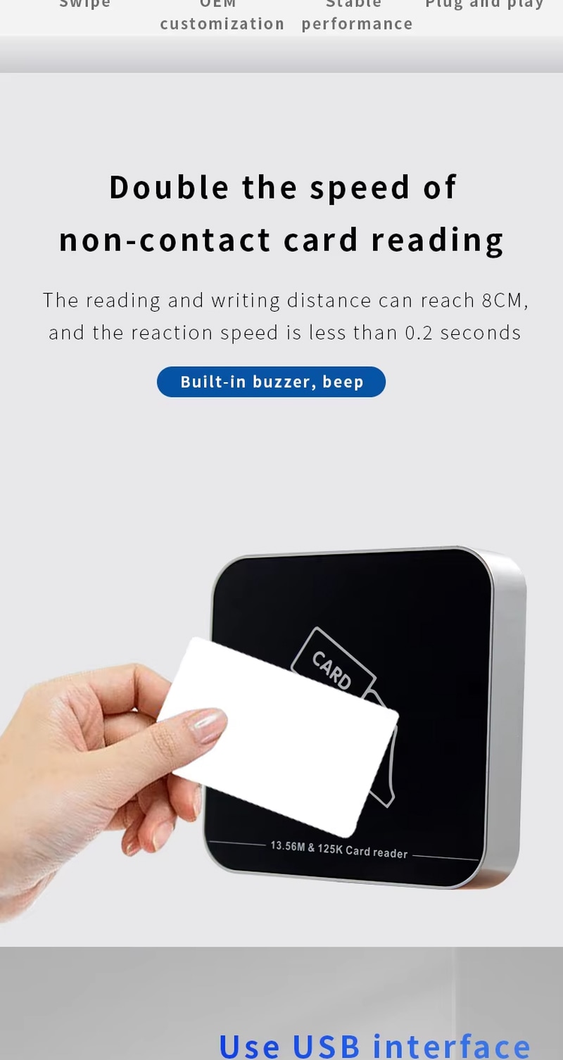 เวลาตอบสนองที่รวดเร็วทำให้เครื่องอ่าน RFID ZY-T304 ประมวลผลบัตรระบุตัวตนได้แทบจะทันที เพื่อป้องกันความล่าช้าที่จุดควบคุมการเข้าออก