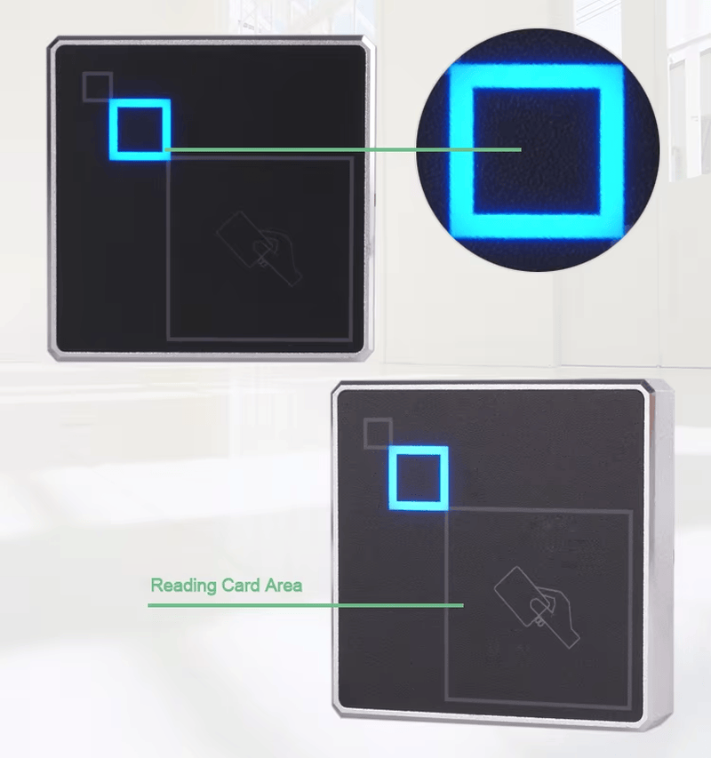 เครื่องอ่าน J102A แสดงร่วมกับการ์ด RFID 125kHz และพวงกุญแจที่เข้ากันได้ เพื่อแสดงความหลากหลายสำหรับข้อมูลรับรองผู้ใช้ที่แตกต่างกัน