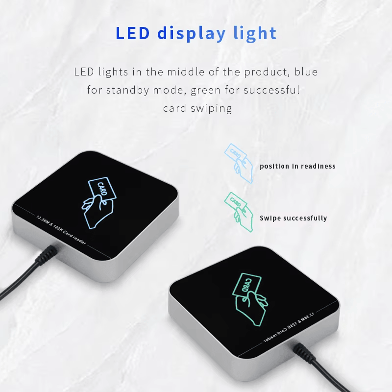 ภาพนี้แสดงเครื่องอ่าน RFID สองความถี่ USB สำหรับบัตร ID/IC/NFC ZY-T304 โดยแสดงขนาดกะทัดรัดประหยัดพื้นที่ และรูปลักษณ์ที่เรียบหรูและทันสมัย เหมาะสำหรับงานอุตสาหกรรมและสายการผลิต.