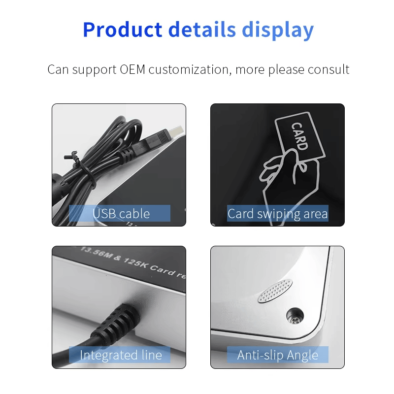 มุมมองด้านบนของเครื่องอ่าน RFID สองความถี่ USB สำหรับบัตร ID/IC/NFC ZY-T304 โดยแสดงการผสานรวมเข้ากับผลิตภัณฑ์อย่างเรียบร้อย.