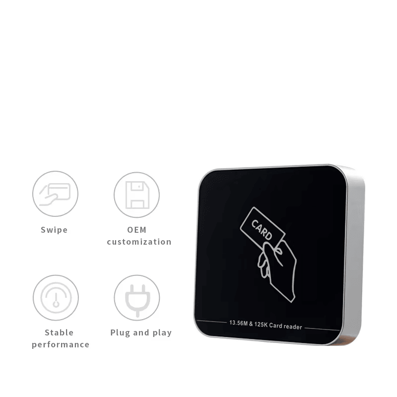 ภาพนี้แสดงเครื่องอ่าน RFID สองความถี่ USB สำหรับบัตร ID/IC/NFC ZY-T304 โดยแสดงข้อมูลจำเพาะและข้อมูลรุ่น และการเชื่อมต่อ USB.