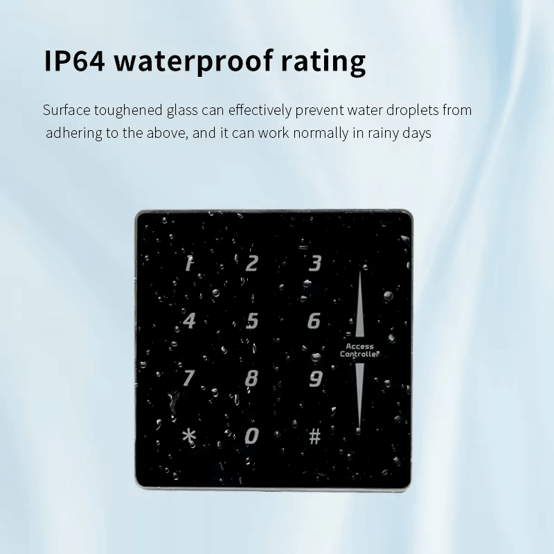 ภาพนี้แสดงคอนโทรลเลอร์แป้นสัมผัสบัตร IC 13.56MHz ระดับ IP64 ZY-sm631 โดยแสดงโครงสร้างกันน้ำสำหรับการใช้งานจริง และความทนทานต่อสภาพแวดล้อม เหมาะสำหรับการควบคุมการเข้าออก.