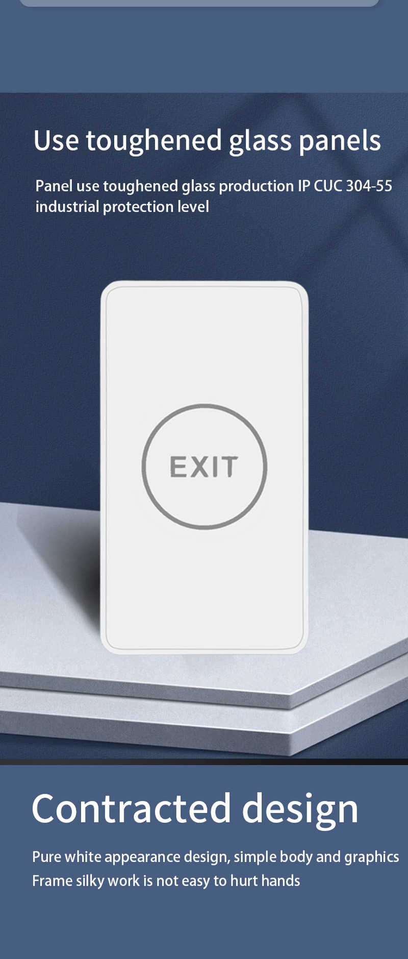 ปุ่มออกประตูระบบอินฟราเรด ZY-TK504 แสดงสถานะไฟ LED สีฟ้าและสีเขียวเพื่อบ่งบอกโหมดสแตนด์บายและโหมดปลดล็อกประตูแบบแอคทีฟสำหรับผู้ใช้งาน