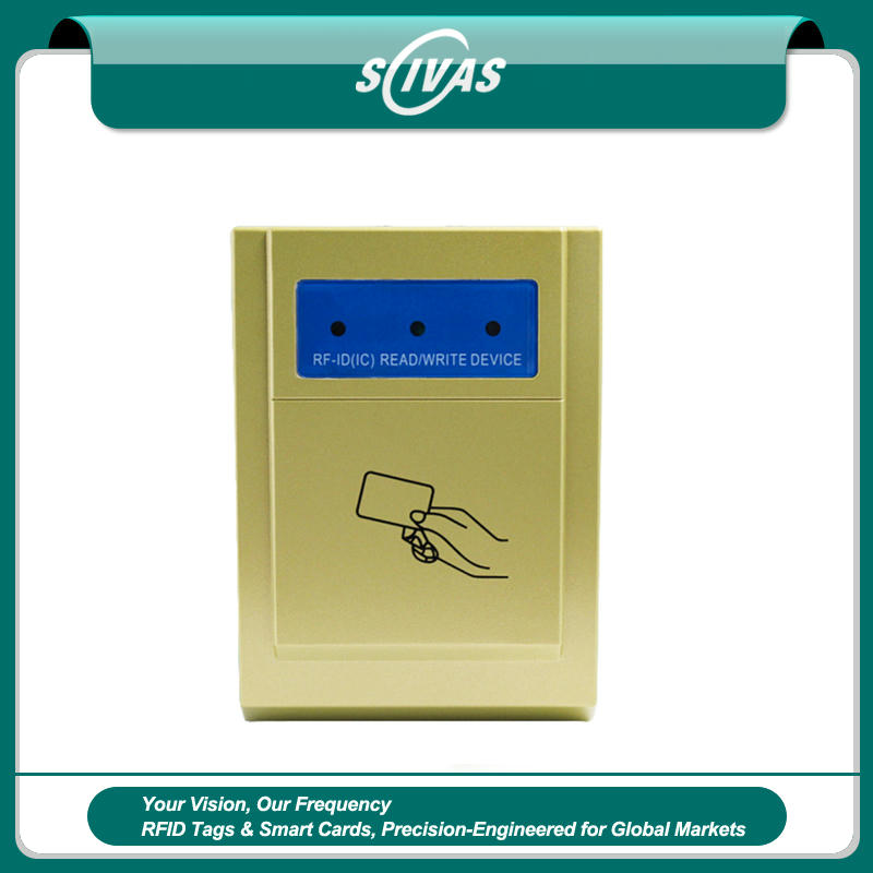 ภาพนี้แสดงเครื่องอ่าน RFID สองความถี่สำหรับบัตร IC และ ID ZY-T302 ABS USB โดยแสดงสีทอง ตัวเรือน ABS ย่านความถี่ที่รองรับ การเชื่อมต่อ USB และโครงสร้างที่แข็งแรงทนทาน.
