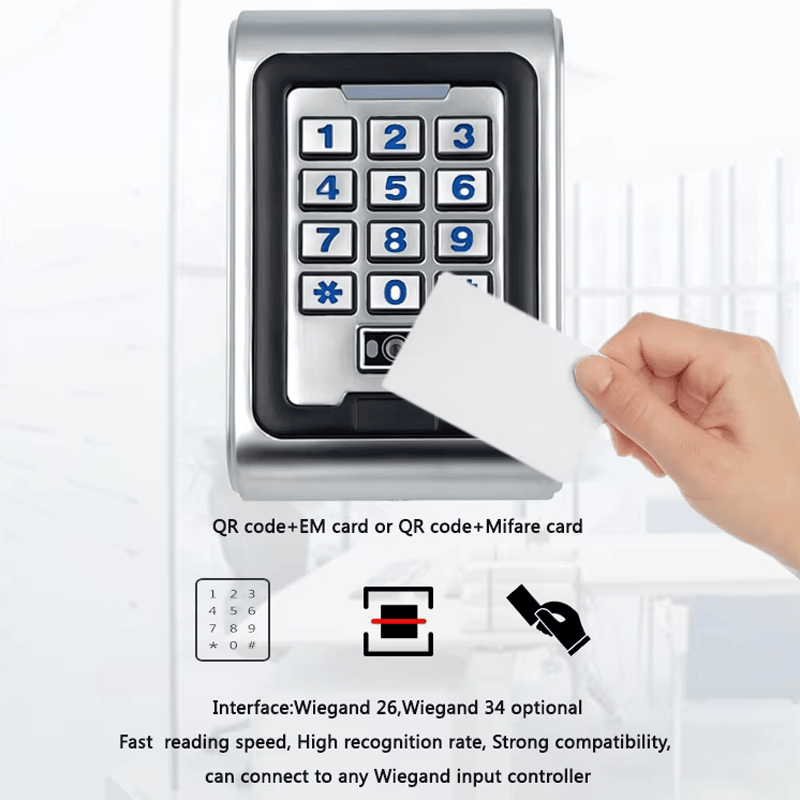 ภาพนี้แสดงเครื่องอ่าน QR แบบ OEM กันน้ำสำหรับประตูและรั้ว R30-MF โดยแสดงสีน้ำเงิน สีเขียว และส่วนสแกนบาร์โค้ดและรหัส QR.