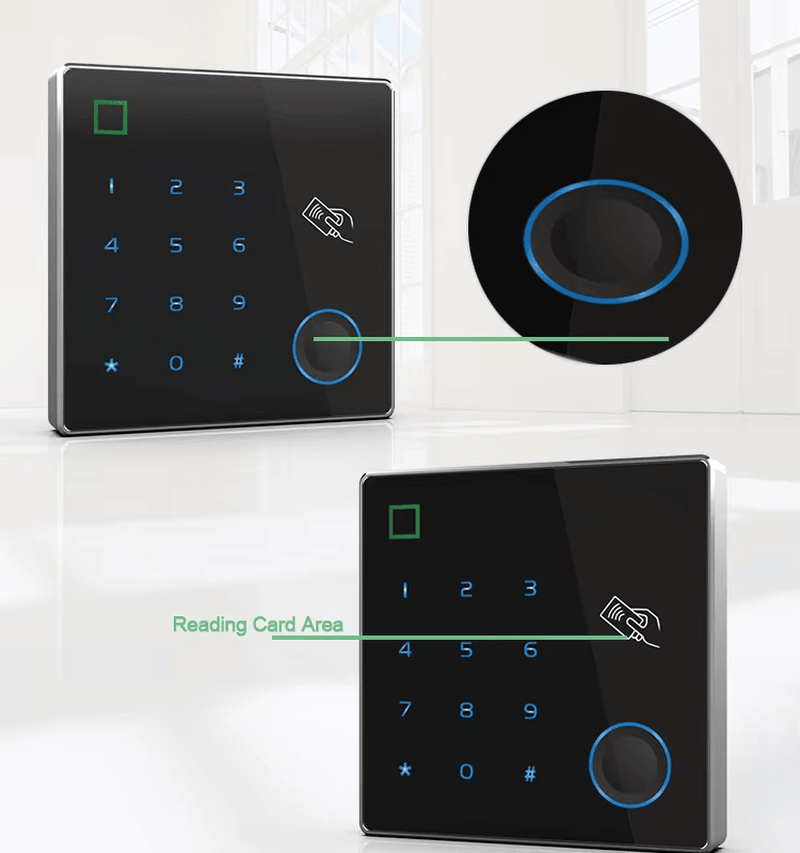เครื่องควบคุมการเข้าออก RFID พร้อมลายนิ้วมือแบบกันน้ำ แสดงมุมมองระบบความปลอดภัยที่ชัดเจน สำหรับการใช้งานในฐานะเครื่องควบคุมการเข้าออกด้วยชีวมิติ