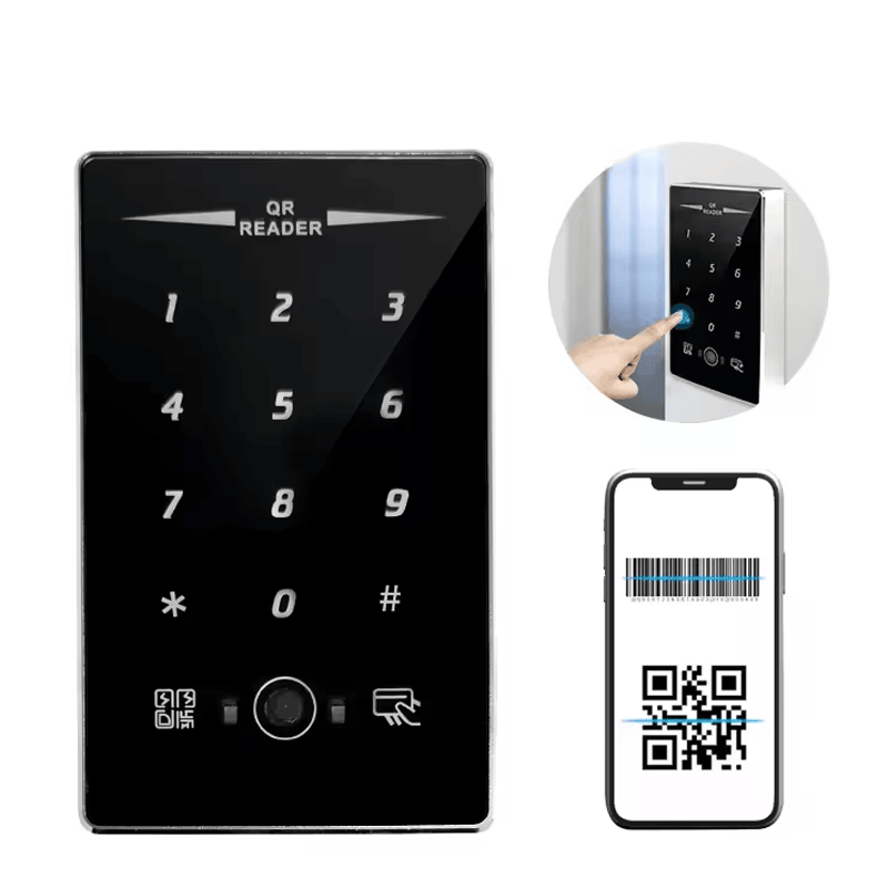 ภาพระยะใกล้ของเครื่องอ่าน คิวอาร์โค้ด และ RFID สำหรับทางเข้าอัจฉริยะ 08QR RS232 RS485 RS โดยแสดงส่วนสแกนบาร์โค้ดและรหัส QR และอินเทอร์เฟซสื่อสารสำหรับเชื่อมต่อระบบ.