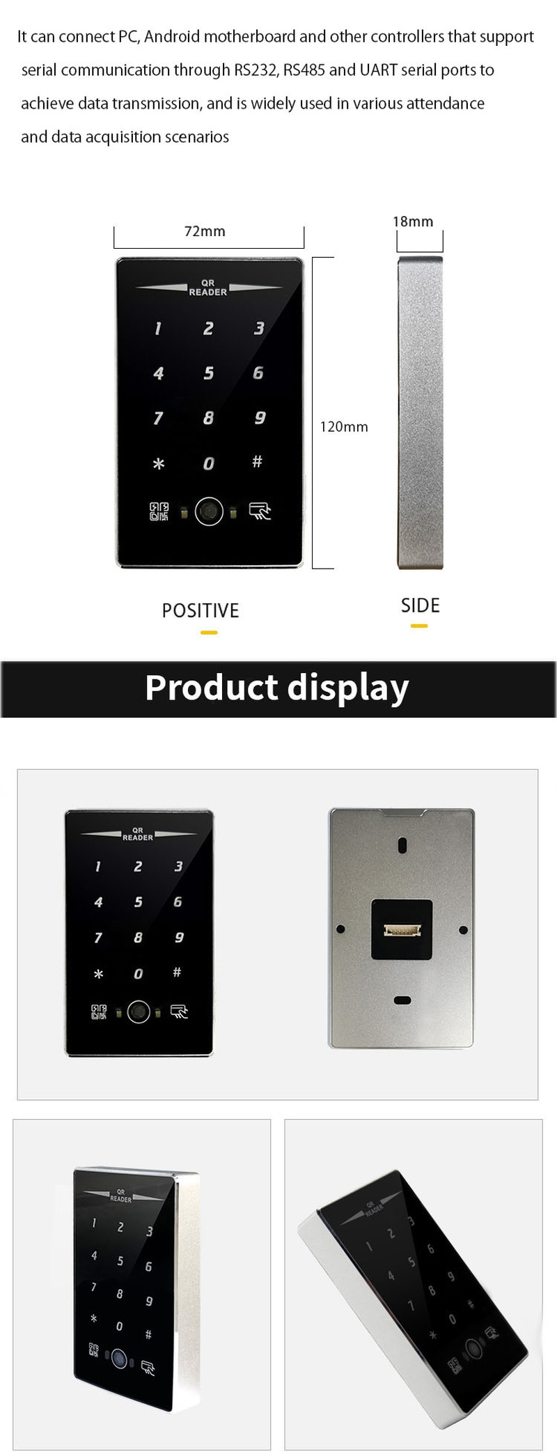แผงด้านหลังของเครื่องอ่าน QR 08QR แสดงแถบขั้วต่อสำหรับ Wiegand input และการเชื่อมต่อแหล่งจ่ายไฟ
