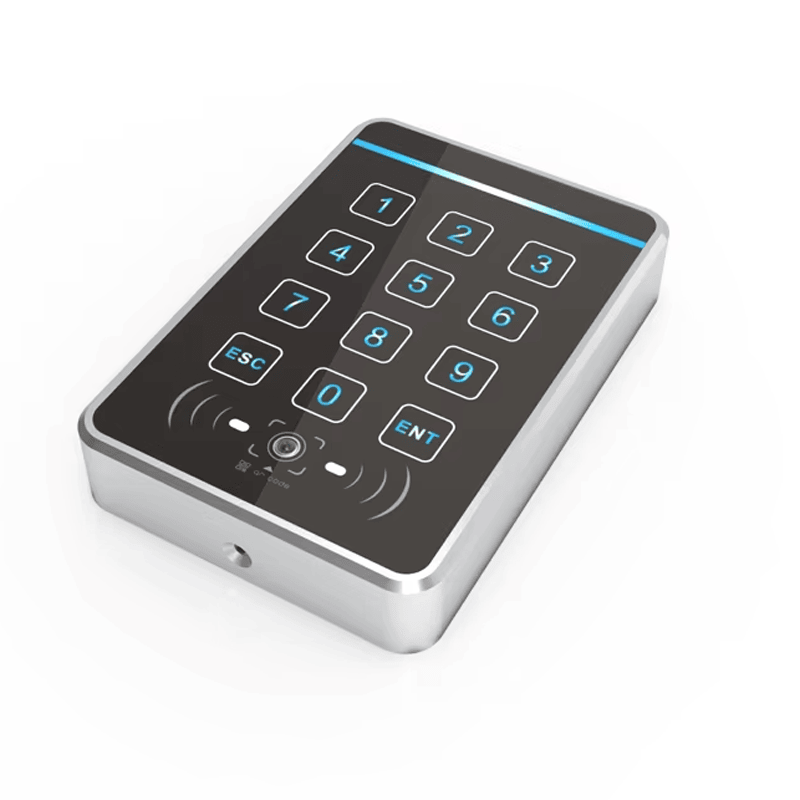 ภาพนี้แสดงเครื่องอ่าน คิวอาร์โค้ด สั่งทำสำหรับทางเข้าพร้อม Wiegand R60-MF RFID โดยแสดงคุณสมบัติด้านความปลอดภัยและป้องกันการแกะย้าย.
