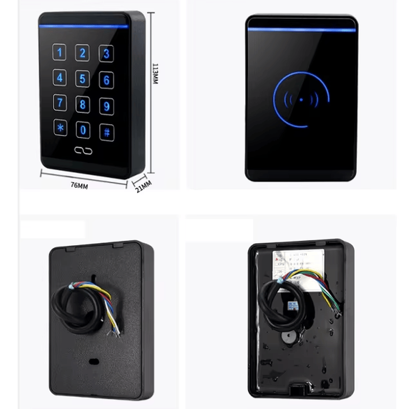 ภาพนี้แสดงโรงงานเครื่องอ่านหน้าจอสัมผัสสำหรับประตูปลอดภัย T20 RFID โดยแสดงตัวเครื่องและอุปกรณ์ในชุด และคู่มือและอุปกรณ์ติดตั้ง.