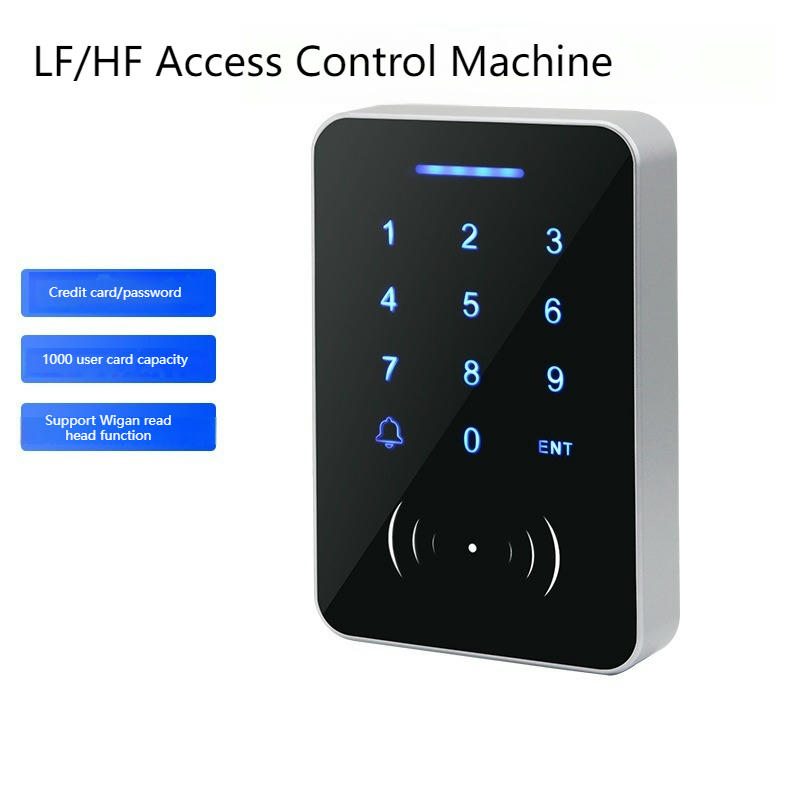 มุมมองด้านหน้าของเทอร์มินัลทางเข้าแป้นสัมผัสรองรับบัตร LF/HF KA-1008W RFID โดยแสดงแป้นกดและปุ่มควบคุม และพื้นที่ตรวจจับและแตะบัตร เพื่อให้เห็นส่วนประกอบด้านหน้าอย่างชัดเจน เหมาะสำหรับการควบคุมการเข้าออก.