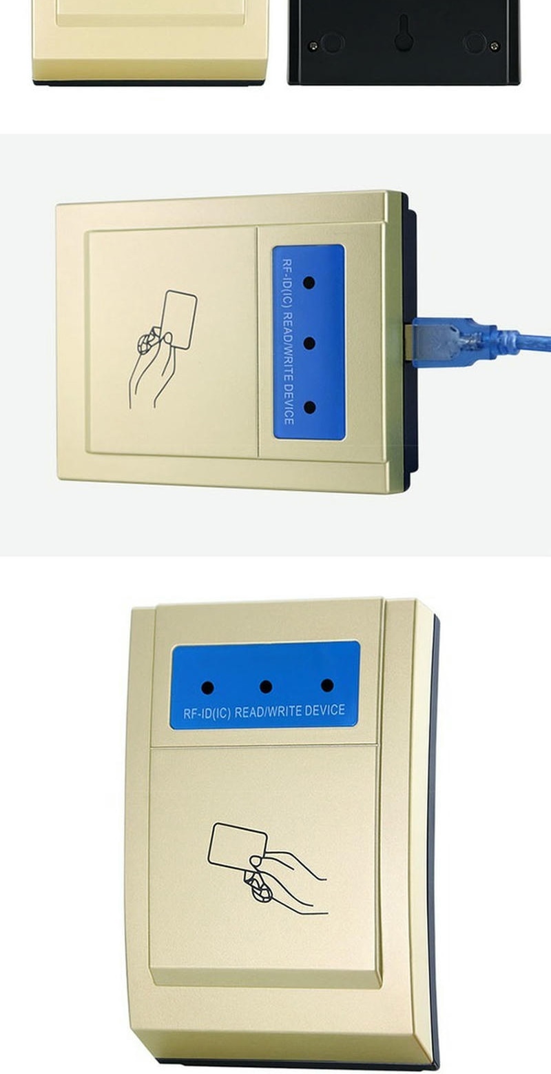 ภาพมุมด้านข้างแสดงเครื่องเข้ารหัสบัตร HF RFID รุ่น KA-N002 โดยเห็นแผงอ่านเขียนสีฟ้าและมีสาย USB เสียบอยู่สำหรับการใช้งานบนโต๊ะ