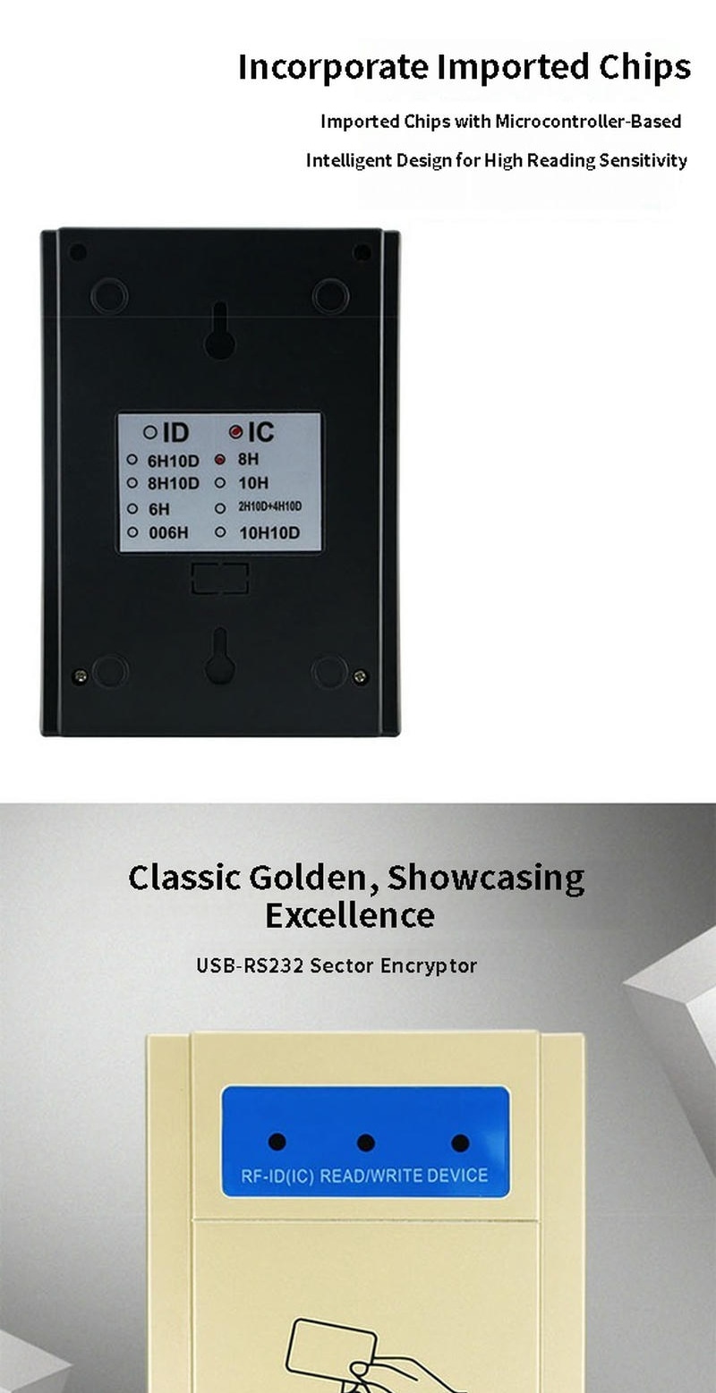 ภาพผลิตภัณฑ์แสดงเครื่องเข้ารหัสเซกเตอร์ USB RS232 รุ่น KA-N002 พร้อมป้ายเลือกที่ด้านหลังและตัวเครื่องสีทองคลาสสิกสำหรับการเข้ารหัสบัตรอย่างปลอดภัย